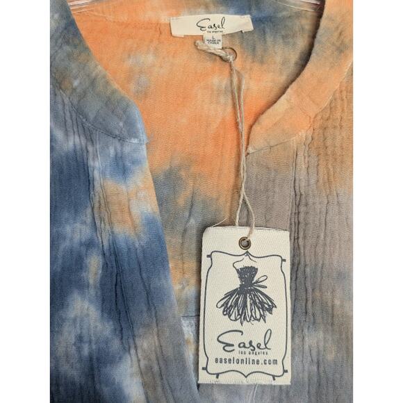 EASEL Womens 100% Cotton Tie Dye short sleeve gauzy tunic Shirt size Large NWT - Picture 4 of 7